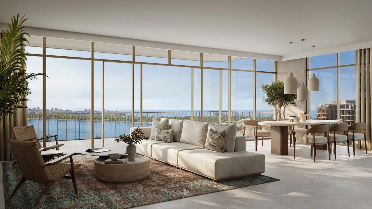 panoramic sea view living and dining area at Bay Grove Residences Phase 3 Dubai Islands Island B Presented by Tohid Fetrat