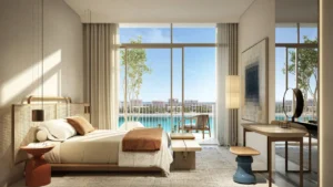 Bedroom interior with Gulf view at Bay Grove Residences Phase 4 Dubai Islands Island B. Presented by Tohid Fetrat