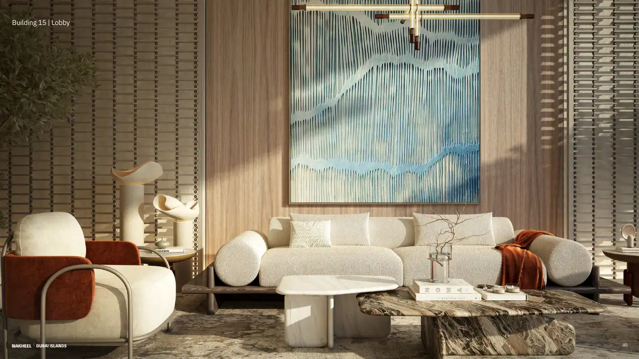 Building 15 lobby interior at Bay Grove Residences Phase 4 Dubai Islands Island B. Presented by Tohid Fetrat