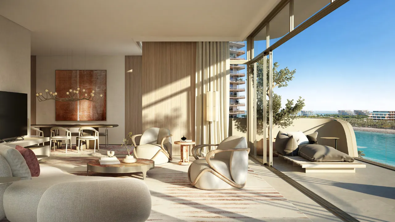 Four bedroom living room interior at Bay Grove Residences Phase 4 Dubai Islands Island B. Presented by Tohid Fetrat