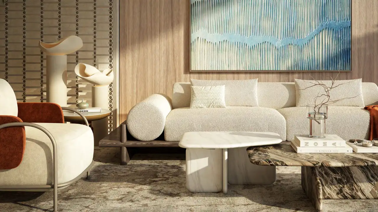 Living room interior modern design at Bay Grove Residences Phase 4 Dubai Islands Island B. Presented by Tohid Fetrat