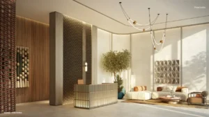 Main lobby interior at Bay Grove Residences Phase 4 Dubai Islands Island B. Presented by Tohid Fetrat