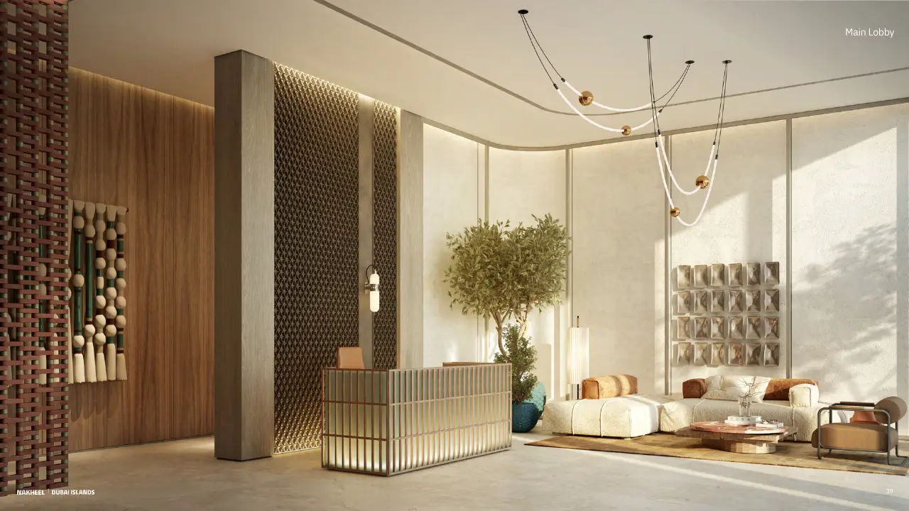 Main lobby interior at Bay Grove Residences Phase 4 Dubai Islands Island B. Presented by Tohid Fetrat