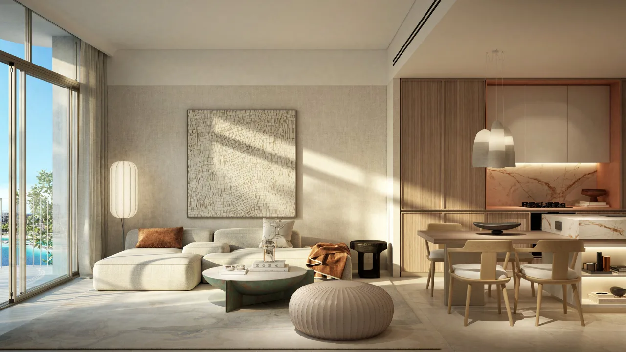 One bedroom living room interior at Bay Grove Residences Phase 4 Dubai Islands Island B. Presented by Tohid Fetrat