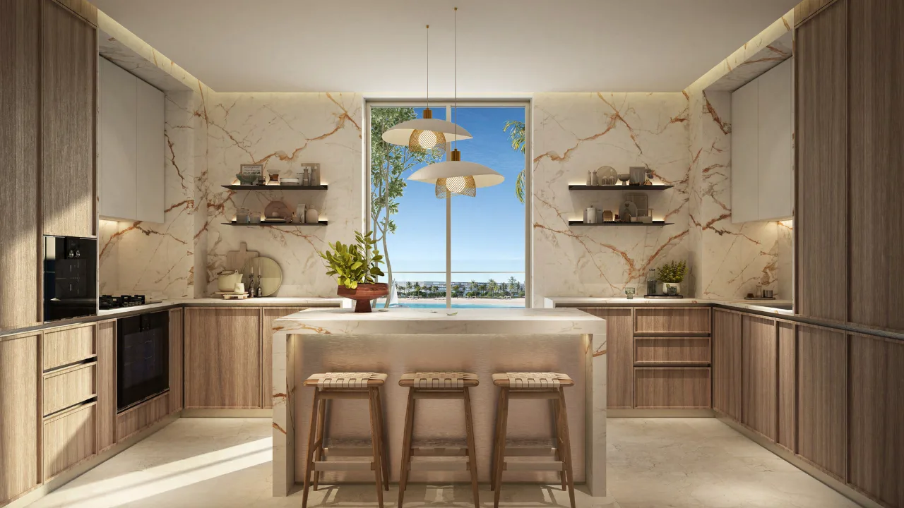 Penthouse kitchen interior at Bay Grove Residences Phase 4 Dubai Islands Island B. Presented by Tohid Fetrat