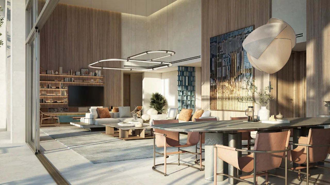 Penthouse lounge dining area at Bay Grove Residences Phase 4 Dubai Islands Island B. Presented by Tohid Fetrat