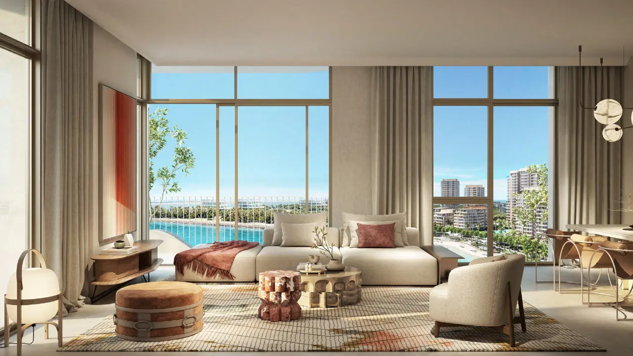 Three bedroom living room interior at Bay Grove Residences Phase 4 Dubai Islands Island B. Presented by Tohid Fetrat