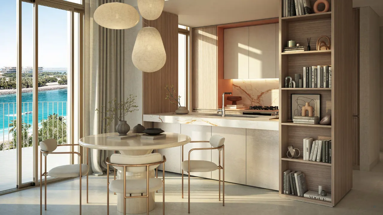 Two bedroom kitchen dining interior at Bay Grove Residences Phase 4 Dubai Islands Island B. Presented by Tohid Fetrat