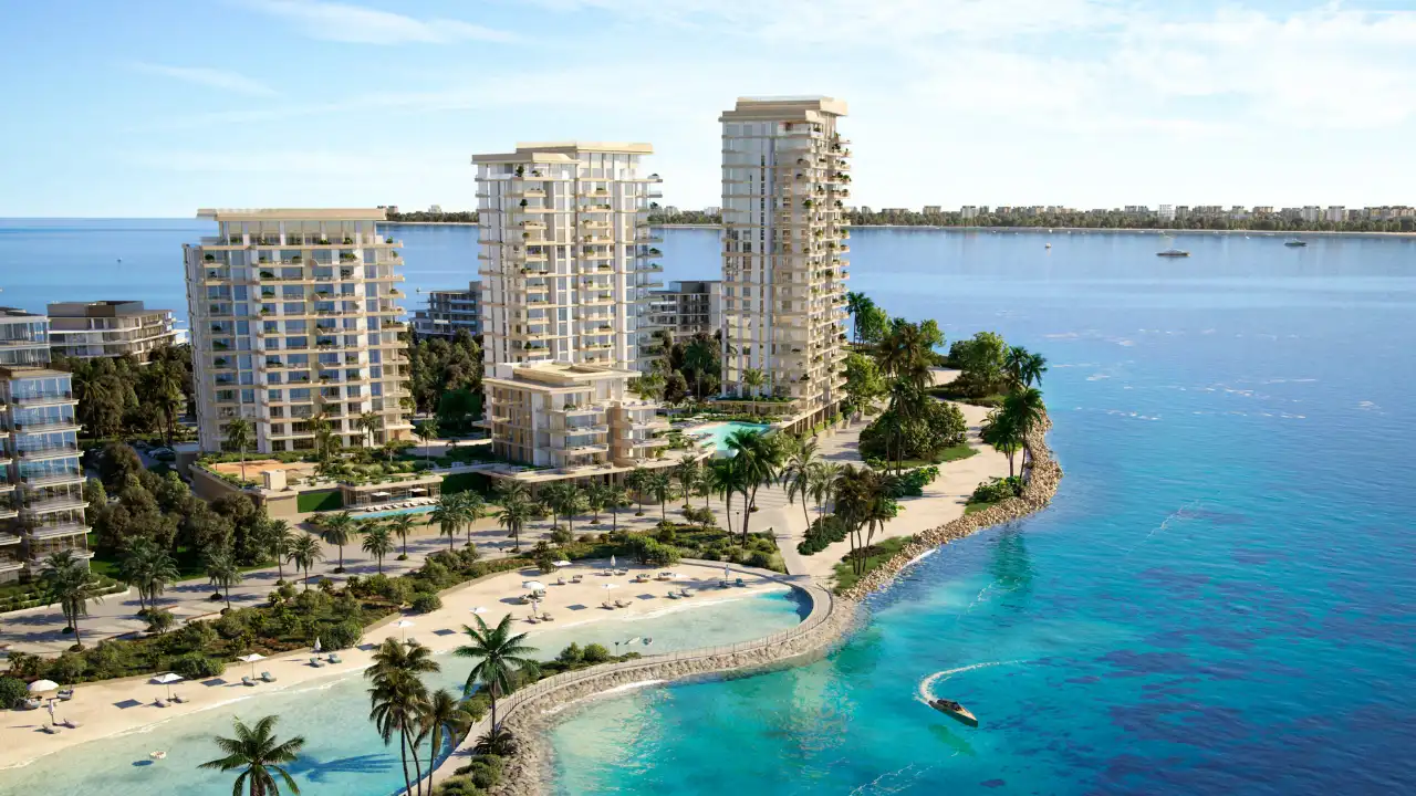Waterfront towers aerial view at Bay Grove Residences Phase 4 Dubai Islands Island B. Presented by Tohid Fetrat