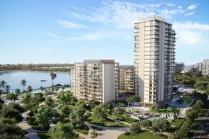 waterfront residential towers aerial view at Bay Grove Residences on Dubai Islands Island B in Dubai presented by Tohid Fetrat