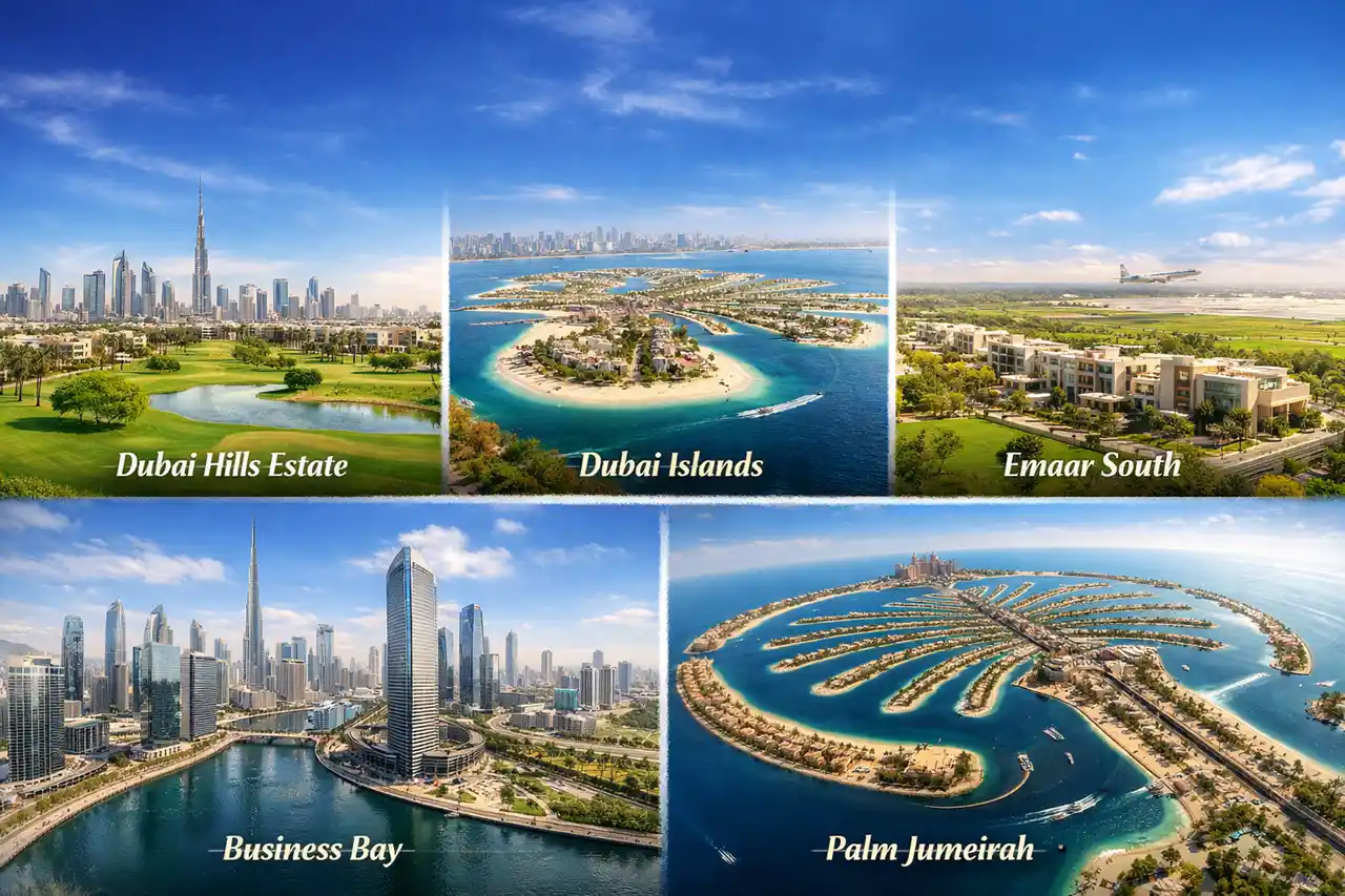Best areas in Dubai for Golden Visa property investment featuring Dubai Hills Estate Dubai Islands Emaar South Business Bay and Palm Jumeirah Presented by Tohid Fetrat