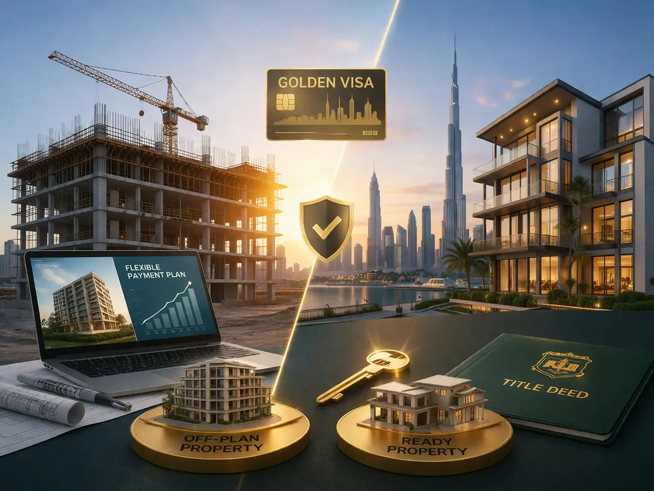 Best Areas in Dubai for Golden Visa Investment image showing best property types including off plan property, ready property, luxury residences, and investment options in Dubai skyline. Presented by Tohid Fetrat
