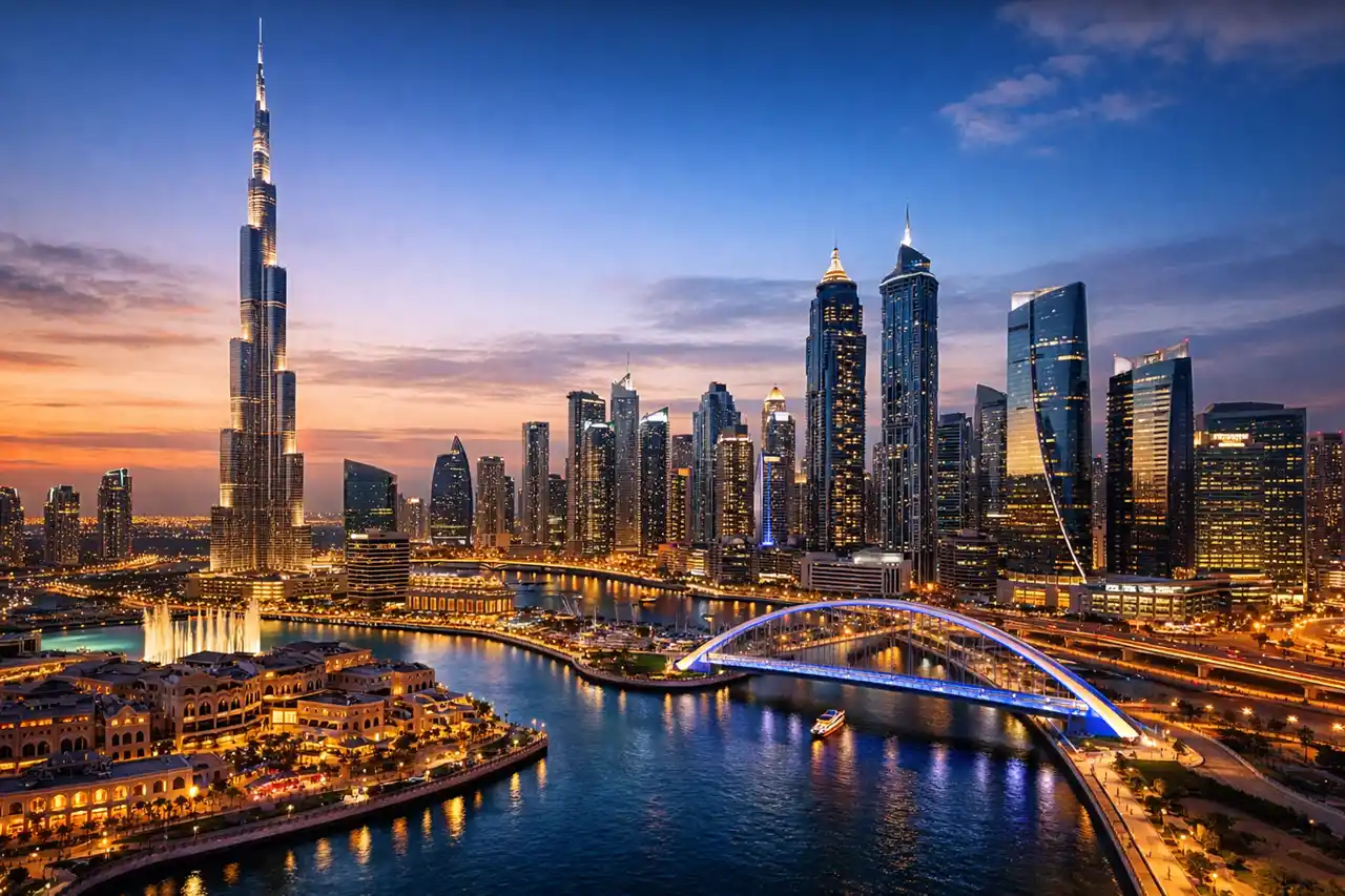 Best Areas in Dubai for Golden Visa Investment image showing Downtown Dubai skyline, Burj Khalifa, waterfront views, and premium urban real estate setting. Presented by Tohid Fetrat