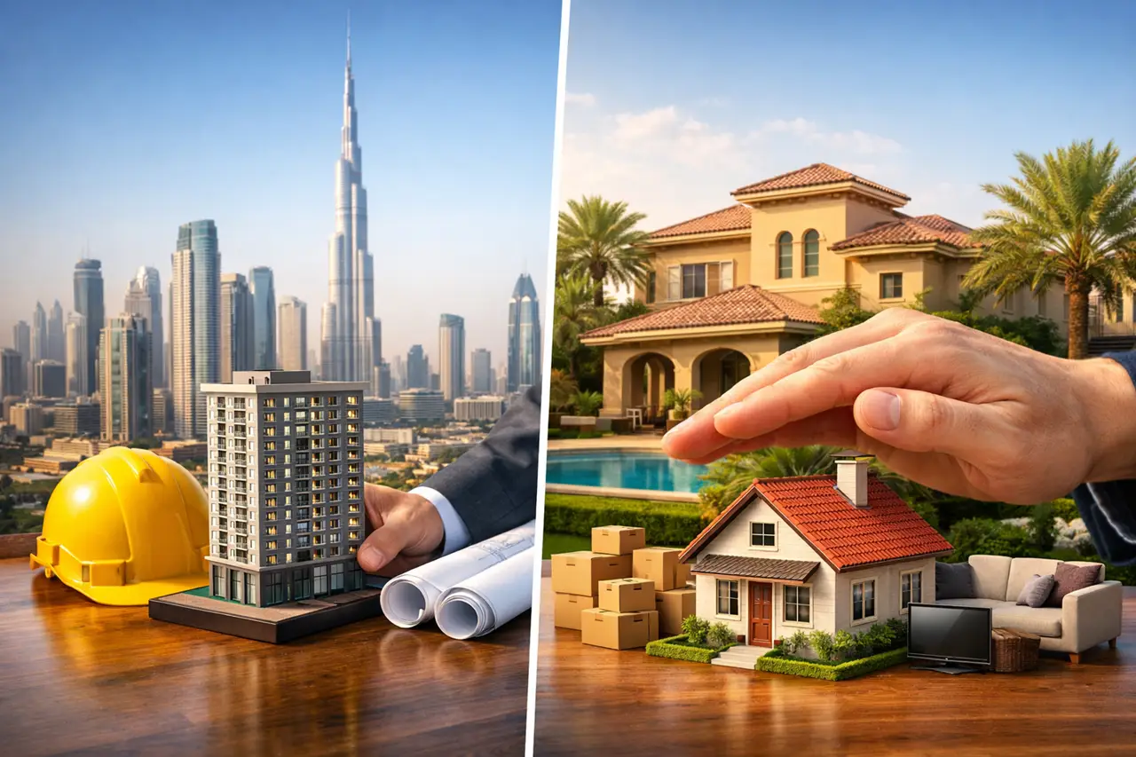 Building insurance vs home insurance in Dubai showing apartment construction model and protected villa with personal property coverage Presented by Tohid Fetrat