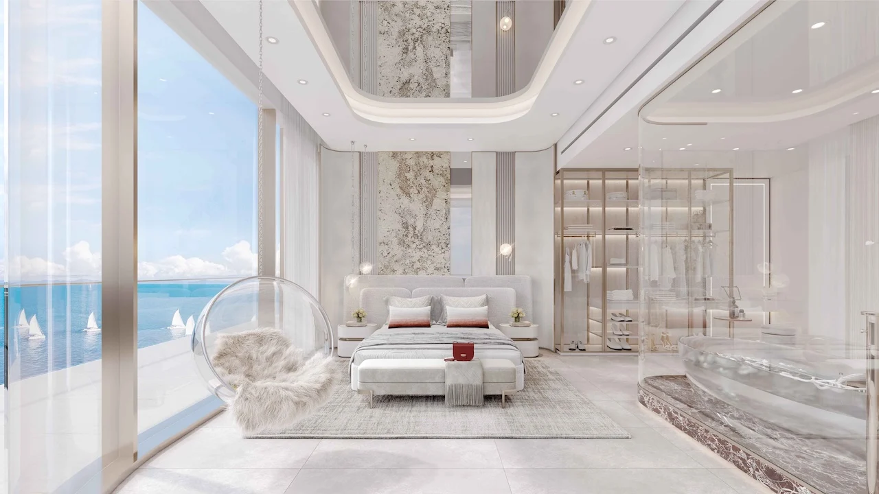 Cotier House 2 at Dubai Islands by Imtiaz luxury apartment bedroom with panoramic sea view, open bathroom design, and contemporary interiors in Dubai Presented by Tohid Fetrat