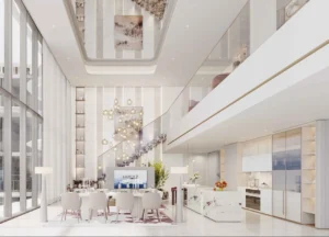 Cotier House 2 at Dubai Islands by Imtiaz luxury apartment duplex interior with double height living area, floating staircase, and designer kitchen in Dubai Presented by Tohid Fetrat