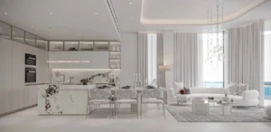 Cotier House 2 at Dubai Islands by Imtiaz luxury apartment open plan living and dining area with modern kitchen, marble finishes, elegant furniture, and waterfront view in Dubai Presented by Tohid Fetrat