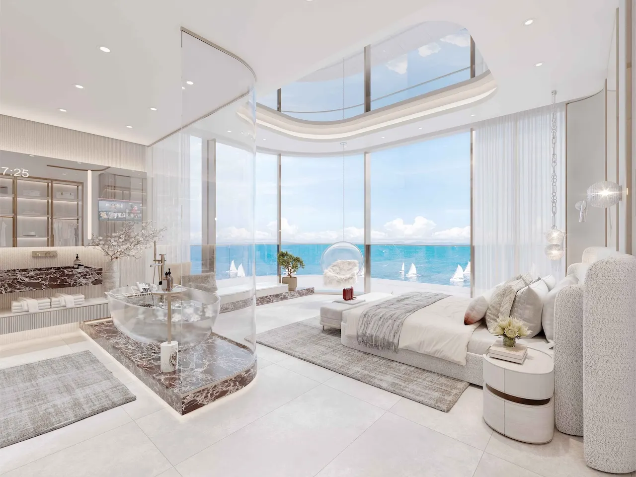 Cotier House 2 at Dubai Islands by Imtiaz luxury apartment suite with panoramic sea view, freestanding bathtub, and open plan bedroom design in Dubai Presented by Tohid Fetrat