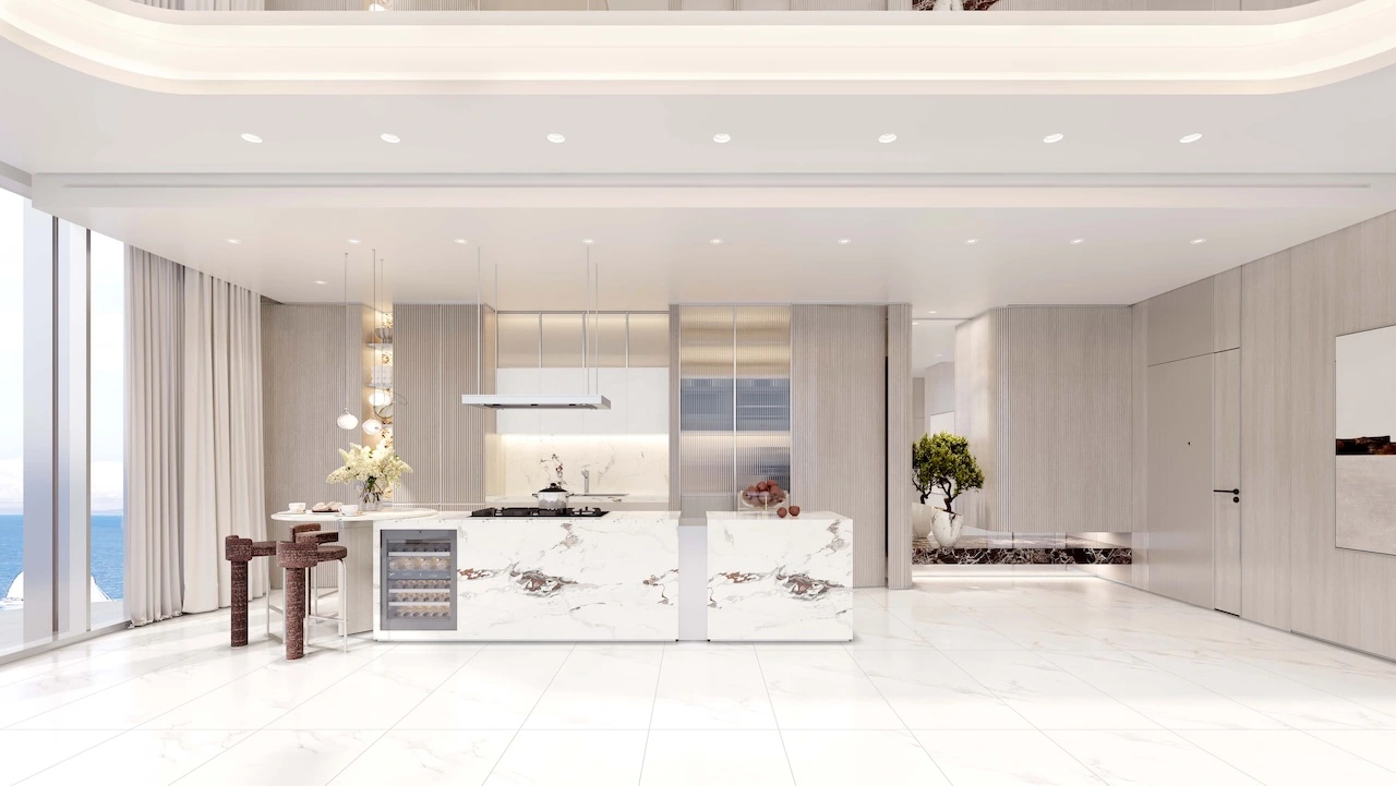 Cotier House 2 at Dubai Islands by Imtiaz luxury apartment open kitchen with marble island, built in wine cooler, and contemporary interiors in Dubai Presented by Tohid Fetrat