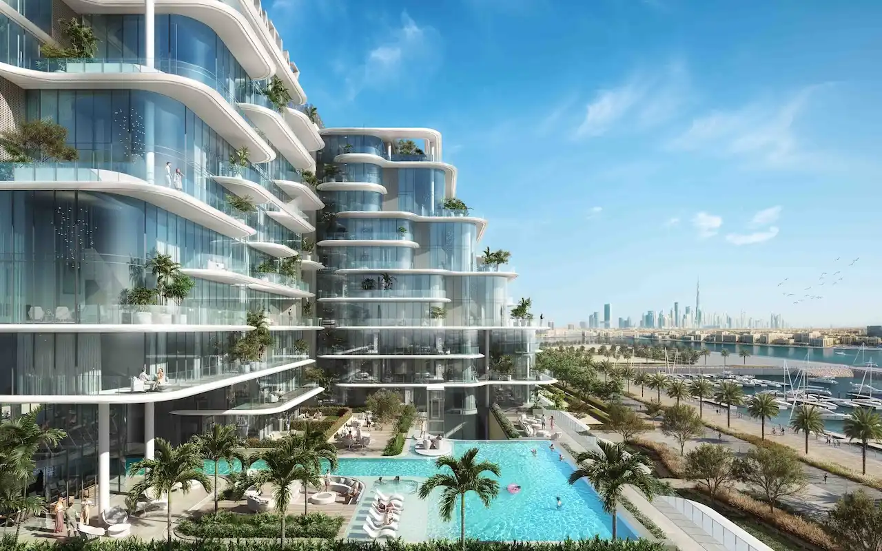 Cotier House 2 at Dubai Islands by Imtiaz luxury apartment pool deck and waterfront skyline view with resort style amenities in Dubai Presented by Tohid Fetrat