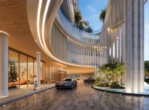 Cotier House at Dubai Islands by Imtiaz luxury apartment grand entrance with valet driveway modern curved architecture and water feature in Dubai Presented by Tohid Fetrat