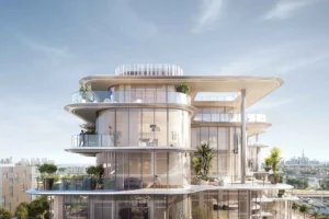 Cotier House at Dubai Islands by Imtiaz luxury waterfront apartment exterior with curved glass balconies and modern architectural facade in Dubai Presented by Tohid Fetrat