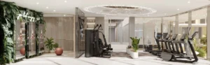 Cotier House at Dubai Islands by Imtiaz luxury gym interior with modern fitness equipment wellness design and marina facing windows in Dubai Presented by Tohid Fetrat