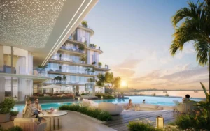 Cotier House at Dubai Islands by Imtiaz luxury apartment infinity pool deck with sunset waterfront view in Dubai Presented by Tohid Fetrat