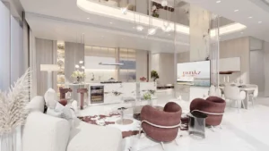 Cotier House at Dubai Islands by Imtiaz luxury apartment living and dining area with designer kitchen double height ceiling and elegant interiors in Dubai Presented by Tohid Fetrat