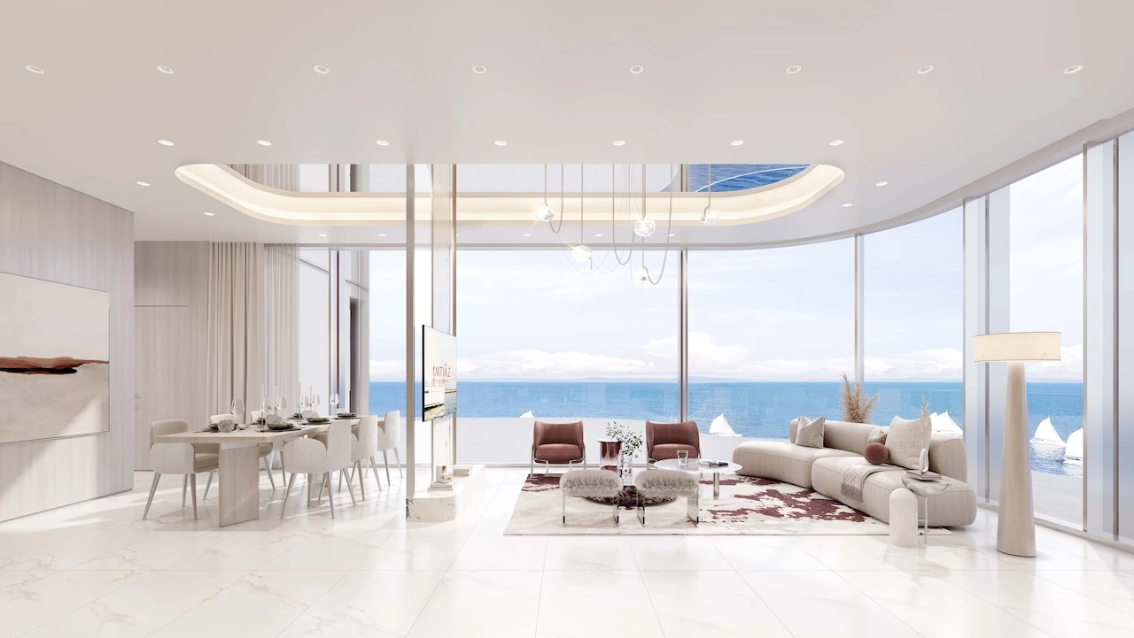 Cotier House at Dubai Islands by Imtiaz luxury apartment living and dining area with panoramic sea view floor to ceiling windows and open plan layout in Dubai Presented by Tohid Fetrat