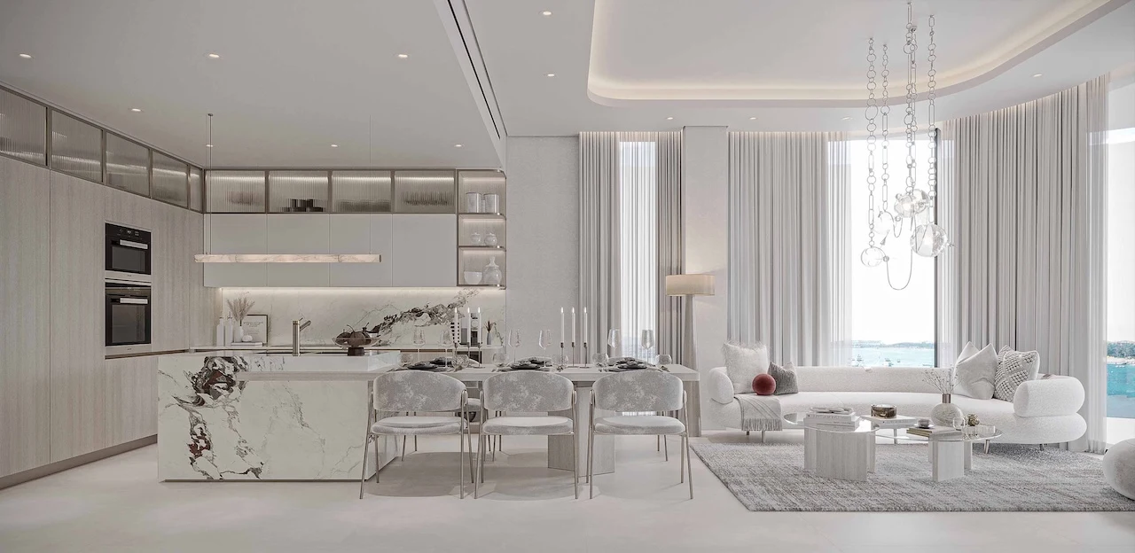 Cotier House at Dubai Islands by Imtiaz luxury apartment open plan kitchen and living area with marble island modern finishes and soft neutral interiors in Dubai Presented by Tohid Fetrat