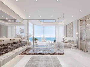 Cotier House at Dubai Islands by Imtiaz luxury bathroom suite with freestanding bathtub marble finishes and panoramic sea view in Dubai Presented by Tohid Fetrat