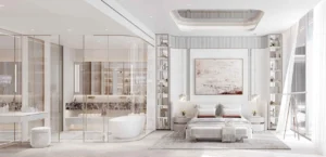 Cotier House at Dubai Islands by Imtiaz luxury bedroom and bathroom suite with freestanding bathtub glass enclosure and elegant contemporary design in Dubai Presented by Tohid Fetrat
