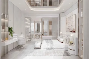 Cotier House at Dubai Islands by Imtiaz luxury bedroom suite with integrated study area walk in closet and elegant contemporary interiors in Dubai Presented by Tohid Fetrat