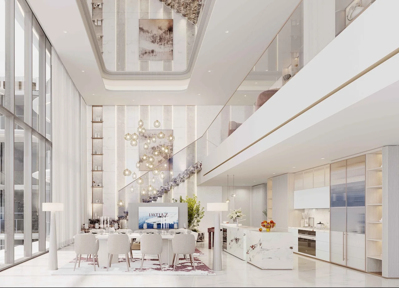 Cotier House at Dubai Islands by Imtiaz luxury duplex dining and kitchen area with double height ceiling floating staircase and designer interiors in Dubai Presented by Tohid Fetrat