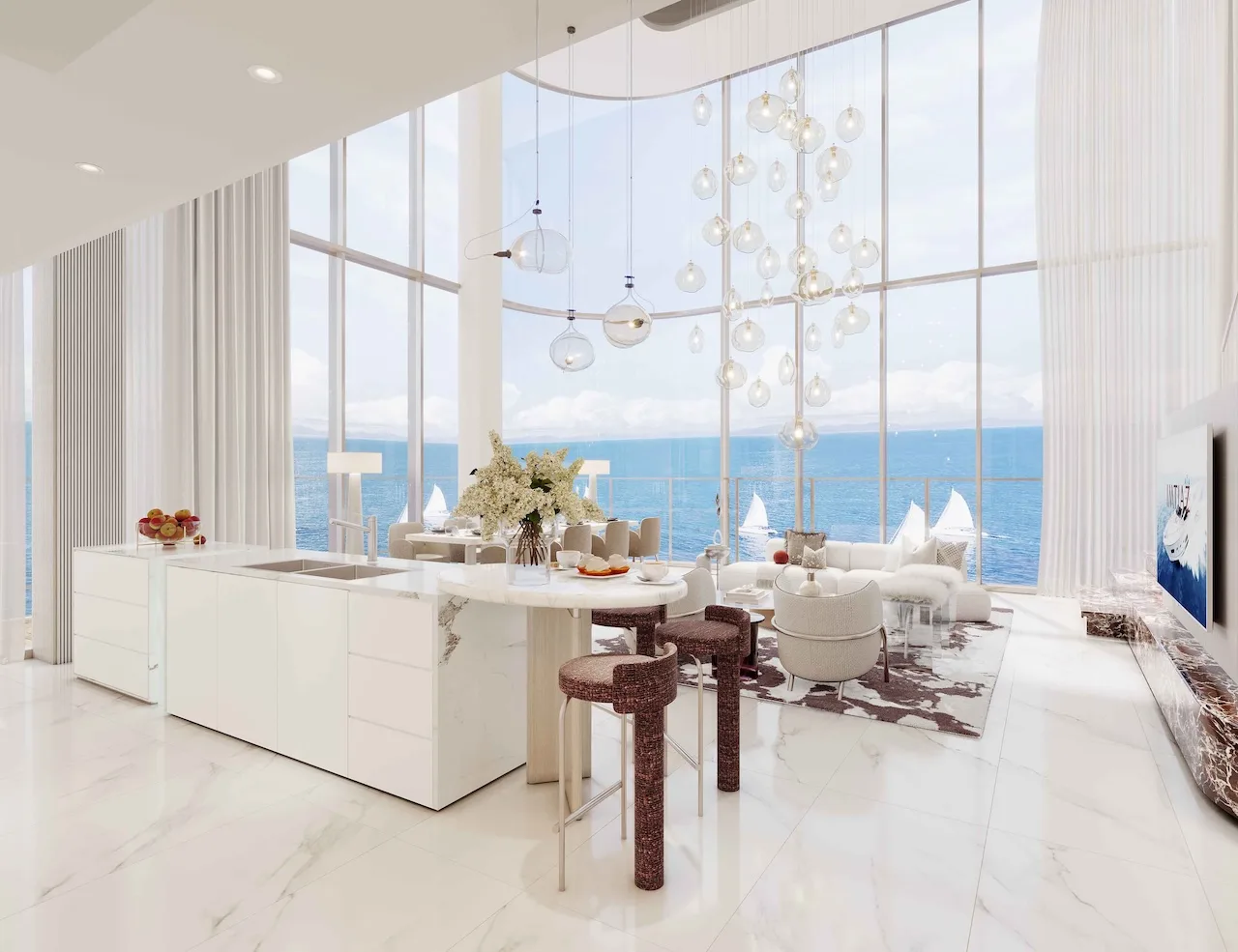 Cotier House at Dubai Islands by Imtiaz luxury duplex living area with double height ceiling designer kitchen and panoramic sea view in Dubai Presented by Tohid Fetrat