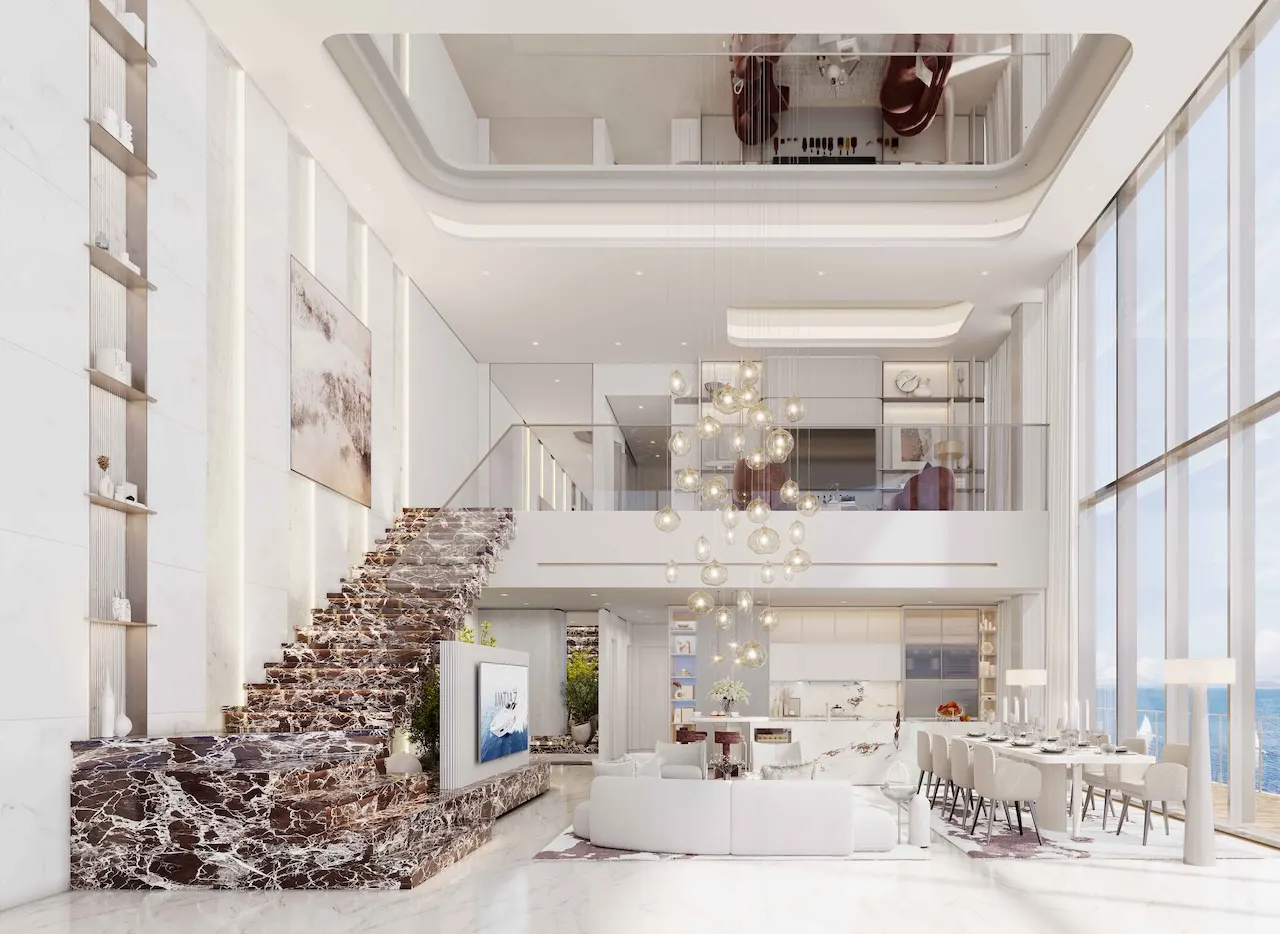 Cotier House at Dubai Islands by Imtiaz luxury duplex interior with floating marble staircase double height ceiling and panoramic sea view in Dubai Presented by Tohid Fetrat
