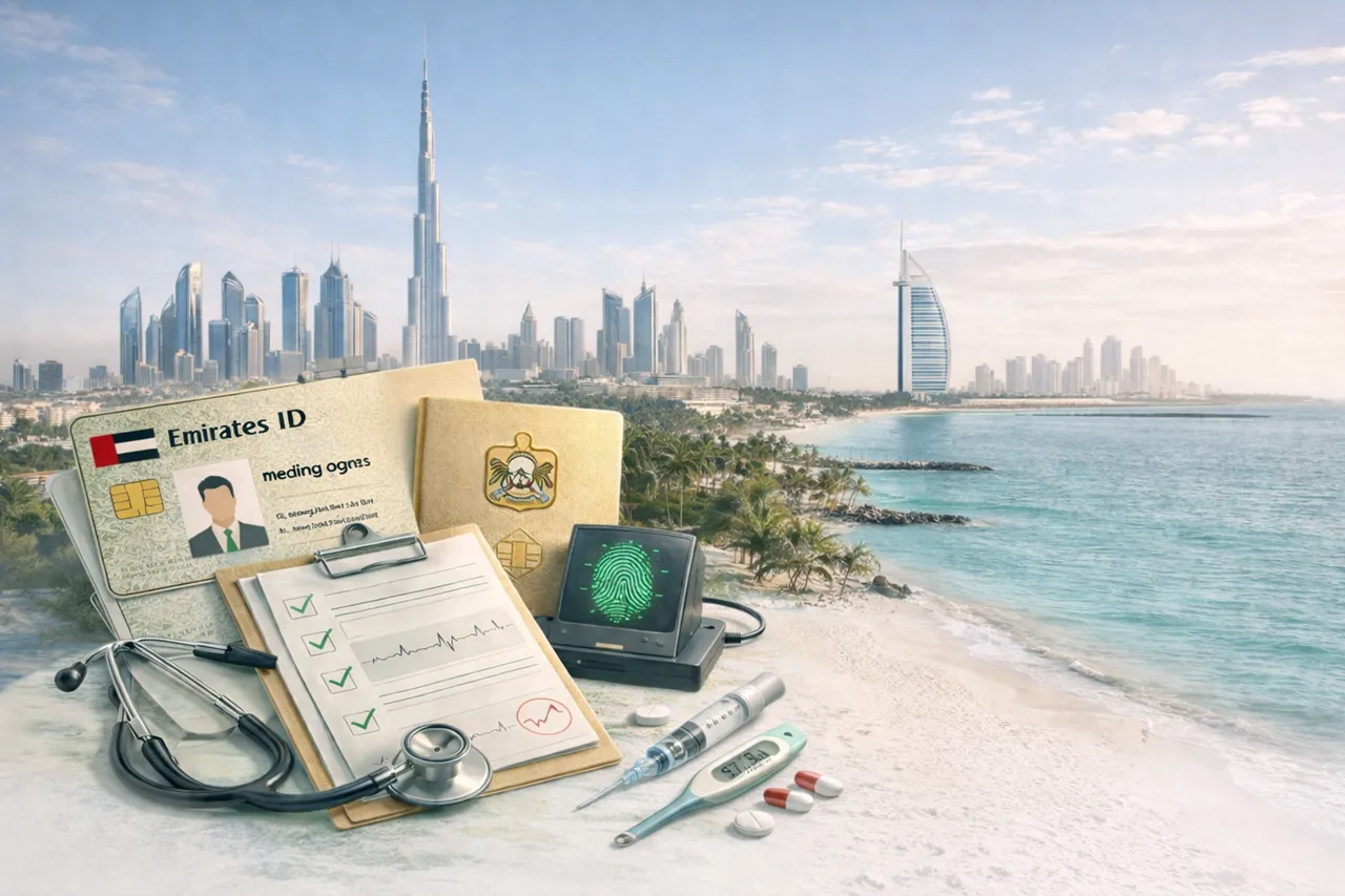 Medical and identification documents for Dubai Golden Visa showing Emirates ID, passport, medical checklist, fingerprint scan, and health screening items with Dubai skyline view. Presented by Tohid Fetrat