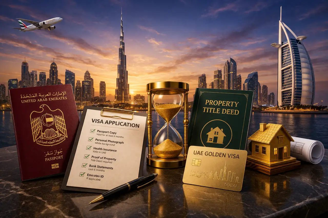 Documents required for Dubai Golden Visa image showing passport, visa application checklist, property title deed, UAE Golden Visa card, and supporting paperwork in Dubai. Presented by Tohid Fetrat