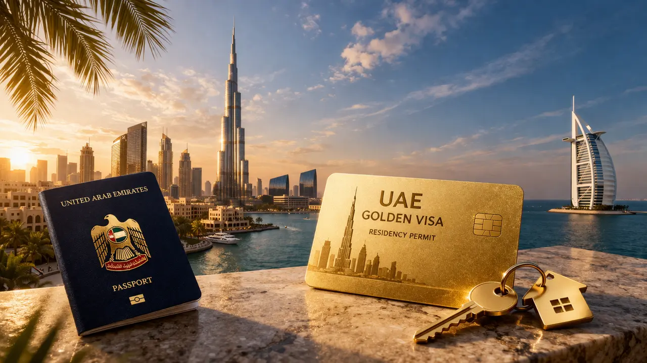 Dubai Golden Visa benefits featuring UAE residency card passport property keys Burj Khalifa and Burj Al Arab skyline Presented by Tohid Fetrat