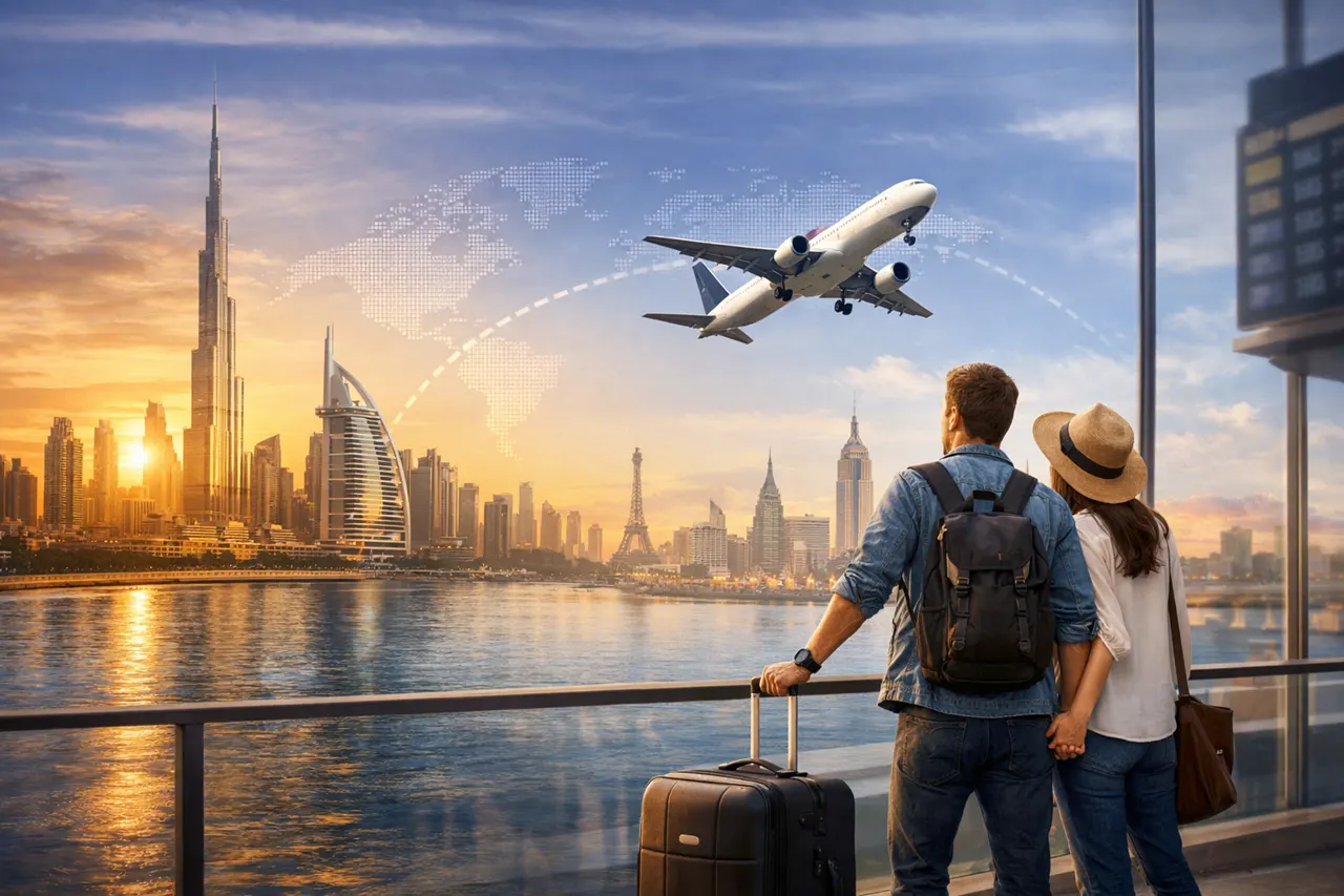 Dubai Golden Visa benefits image showing international travel lifestyle and staying outside UAE without losing residency with Dubai skyline and airplane view. Presented by Tohid Fetrat