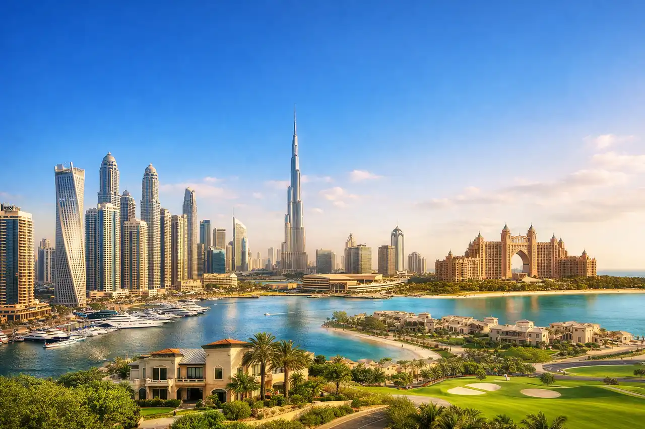 Dubai skyline with Burj Khalifa Palm Jumeirah waterfront villas and luxury towers representing best areas for Golden Visa property investment in Dubai Presented by Tohid Fetrat