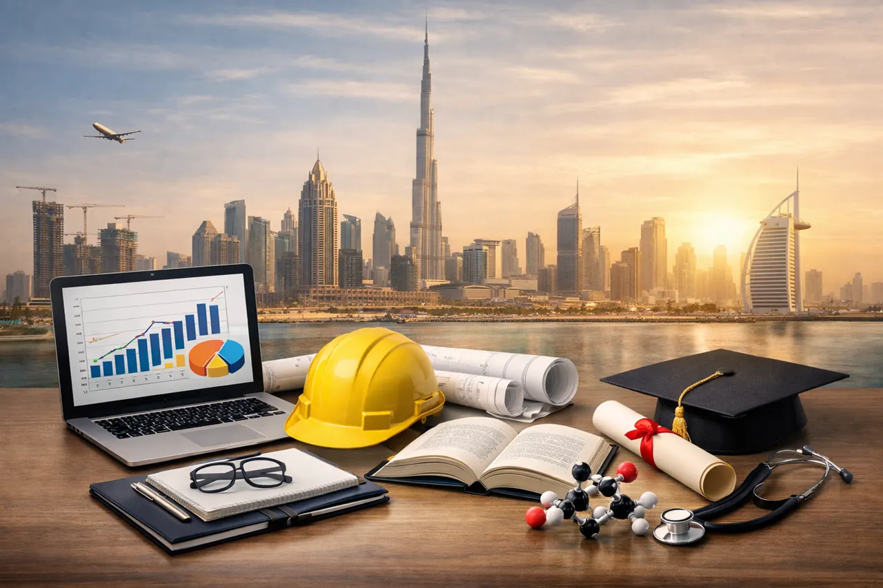 Dubai Golden Visa Eligibility Criteria image for professionals and skilled workers showing engineering, healthcare, education, and career development elements with Dubai skyline. Presented by Tohid Fetrat