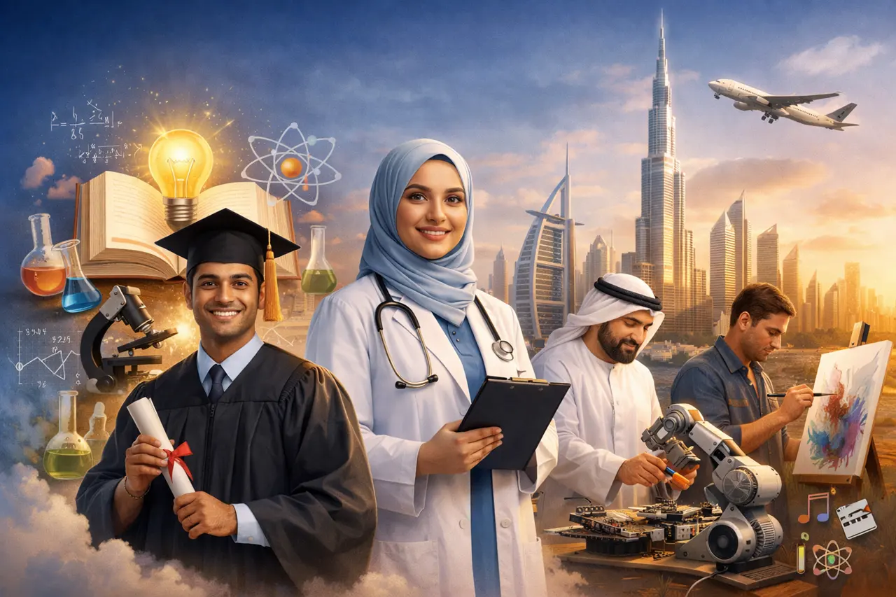 Dubai Golden Visa Eligibility Criteria image for students and specialized talents showing graduate, doctor, researcher, artist, and innovation themed education and talent scene in Dubai. Presented by Tohid Fetrat