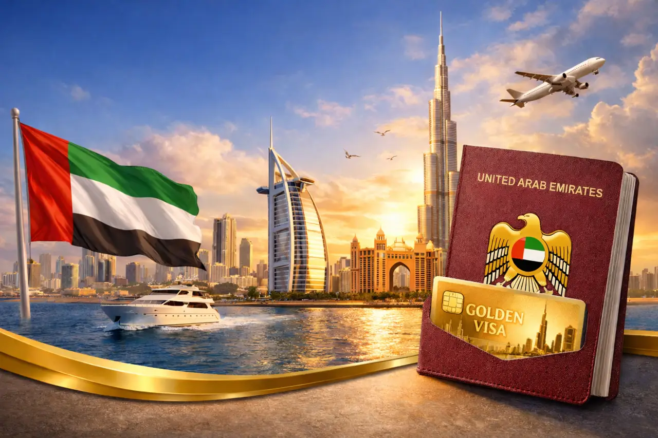 Dubai Golden Visa Eligibility Criteria image showing UAE passport, Golden Visa card, UAE flag, luxury yacht, and iconic Dubai skyline. Presented by Tohid Fetrat