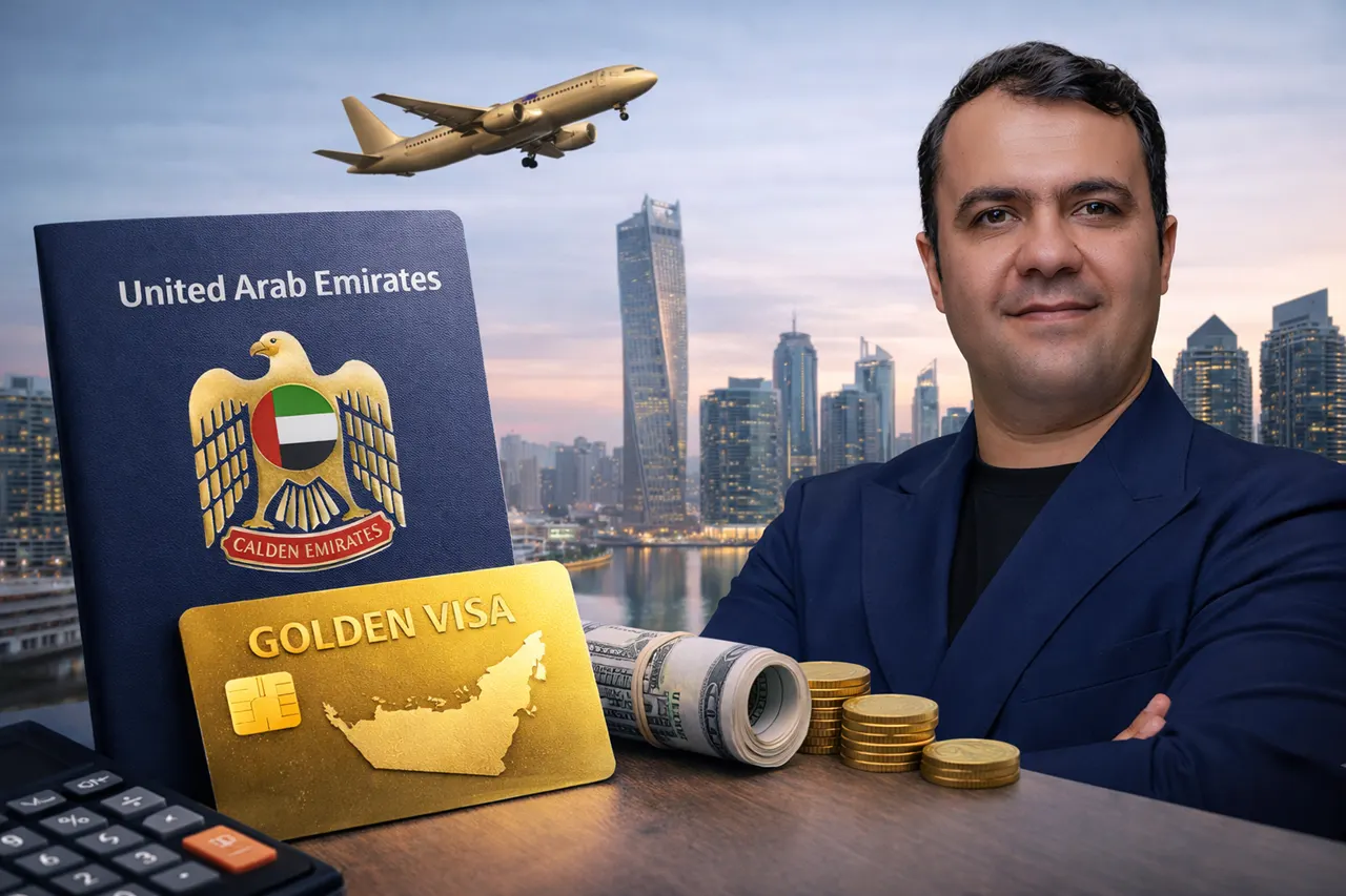 Dubai Golden Visa Investment Costs for Cotier House 2 image showing UAE passport, Golden Visa card, calculator, cash, coins, investor portrait, and Dubai waterfront skyline. Presented by Tohid Fetrat