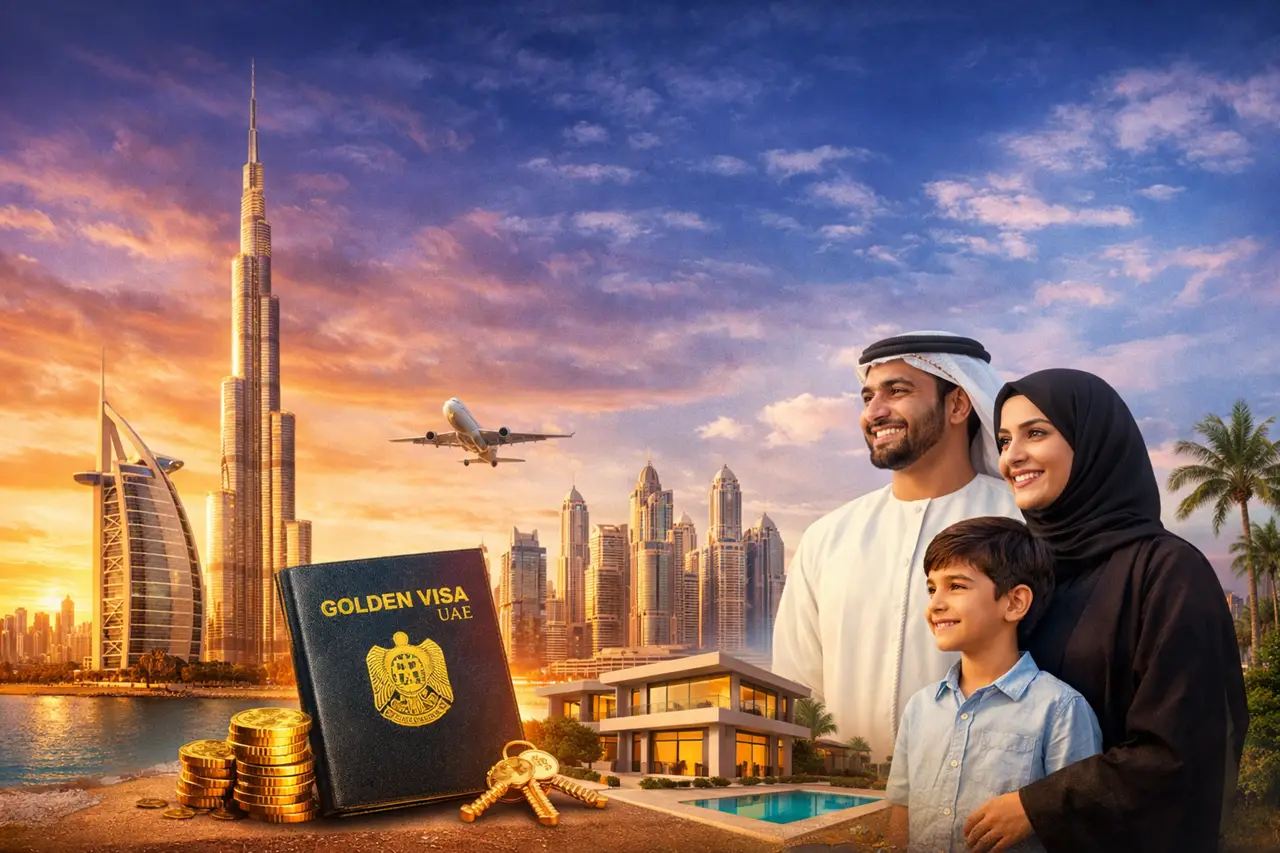 Dubai skyline with Burj Khalifa luxury villa Golden Visa passport coins and family representing key benefits of Dubai Golden Visa Presented by Tohid Fetrat