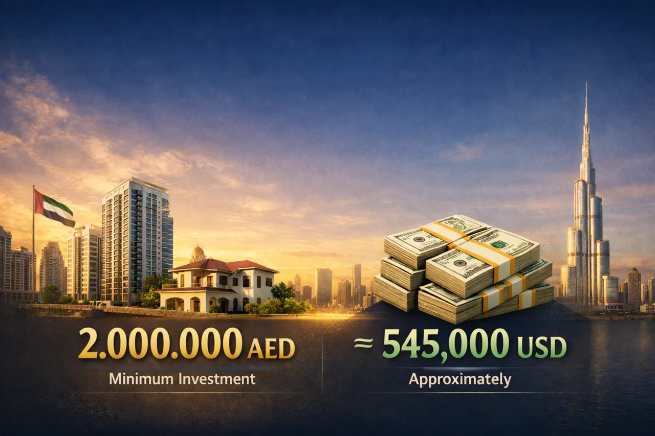 Dubai Golden Visa minimum property value 2000000 AED approximately 545000 USD with skyline Burj Khalifa and real estate investment scene Presented by Tohid Fetrat