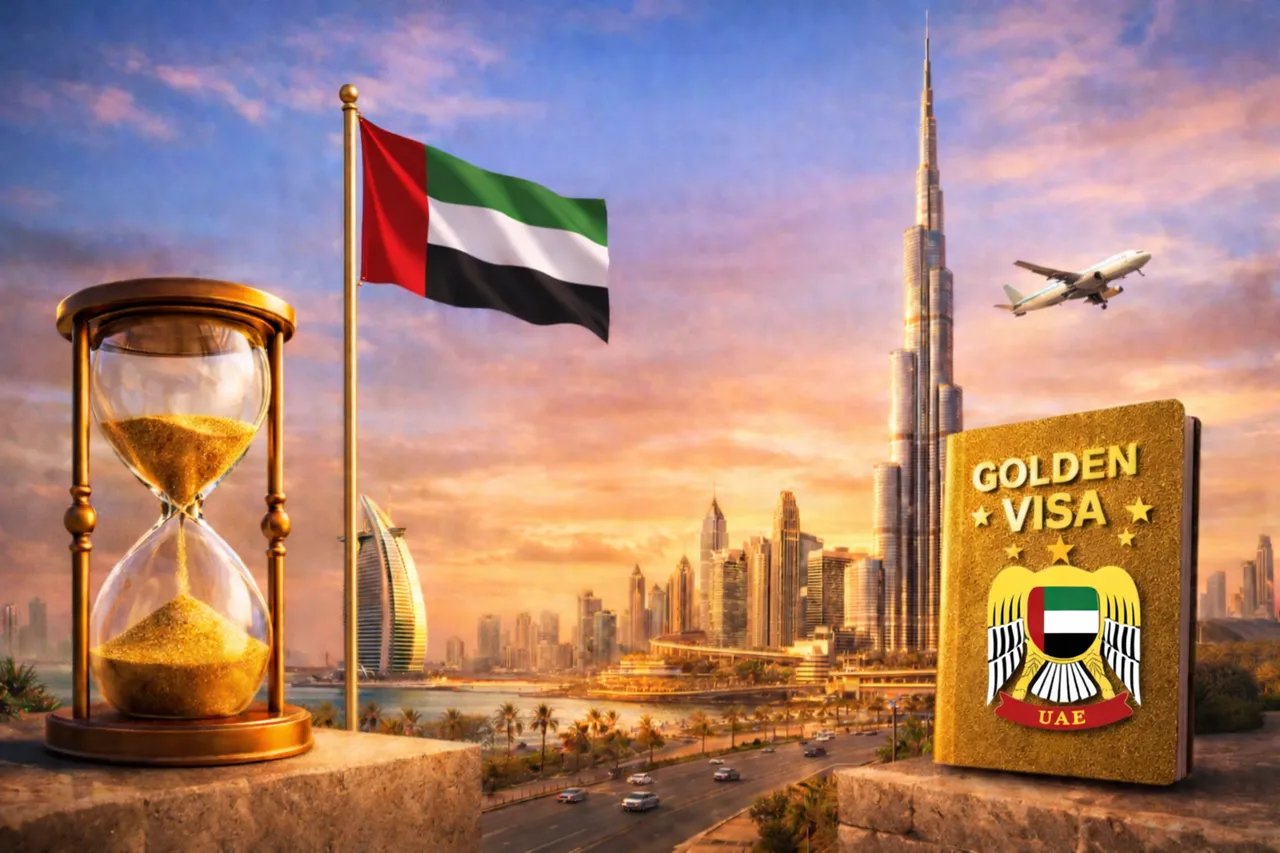 Dubai Golden Visa Processing Time image showing hourglass, UAE flag, Golden Visa passport, airplane, and Dubai skyline to represent visa approval timeline. Presented by Tohid Fetrat