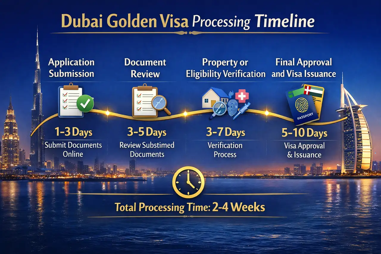 Dubai Golden Visa Processing Time image showing Dubai Golden Visa processing timeline with application submission, document review, eligibility verification, and final approval stages in Dubai. Presented by Tohid Fetrat